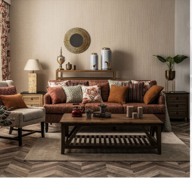 Classic living room with warm sofa and herringbone floor
