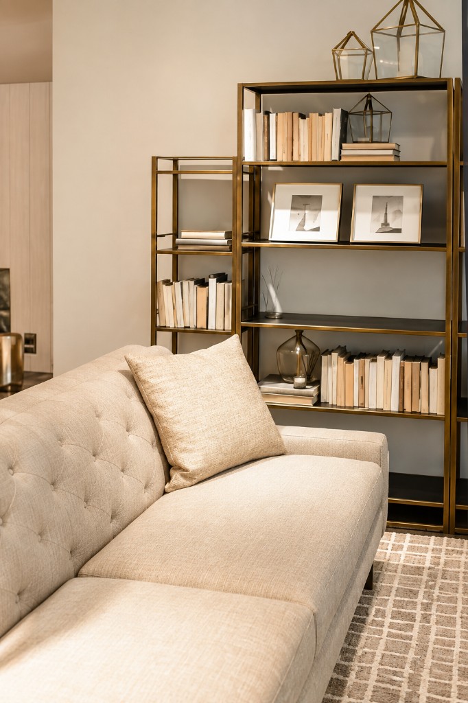 Light tufted sofa beside bookshelf
